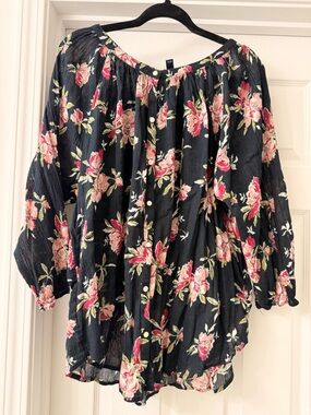 Chaps Black Floral Button-Front Peasant Blouse with Pink Roses